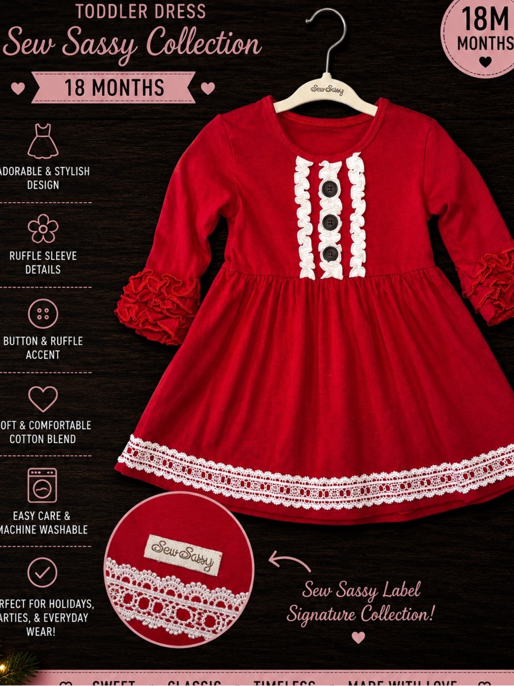 Sew Sassy Red Holiday Dress 18M Ruffle Sleeve Lace Christmas Boutique
